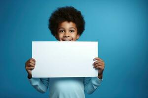 AI generated Little boy holding a blank white sheet of paper photo