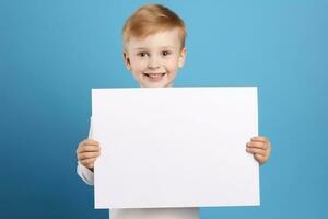 ai generado pequeño chico participación un blanco blanco sábana de papel foto