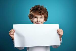 AI generated Little boy holding a blank white sheet of paper photo