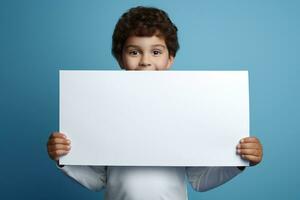 AI generated Little boy holding a blank white sheet of paper photo