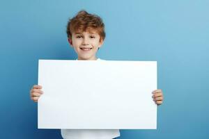 AI generated Little boy holding a blank white sheet of paper photo