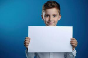 AI generated Little boy holding a blank white sheet of paper photo