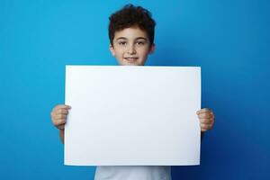 ai generado pequeño chico participación un blanco blanco sábana de papel foto