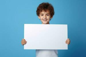 AI generated Little boy holding a blank white sheet of paper photo