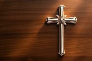 AI generated Wooden christian cross on a wooden background.Christian religion concept. photo