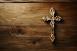 AI generated Wooden christian cross on a wooden background.Christian religion concept. photo