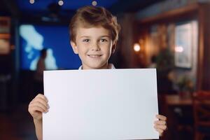 AI generated Little boy holding a blank white sheet of paper photo