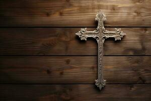 AI generated Wooden christian cross on a wooden background.Christian religion concept. photo