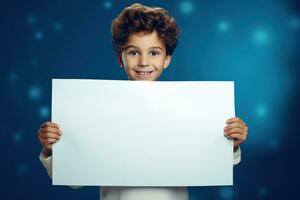 AI generated Little boy holding a blank white sheet of paper photo