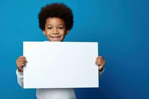 AI generated Little boy holding a blank white sheet of paper photo