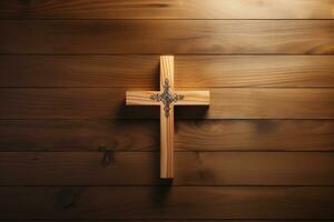 AI generated Wooden christian cross on a wooden background.Christian religion concept. photo