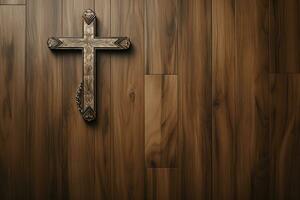 AI generated Wooden christian cross on a wooden background.Christian religion concept. photo