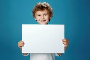 ai generado pequeño chico participación un blanco blanco sábana de papel foto