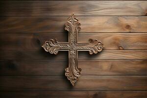 AI generated Wooden christian cross on a wooden background.Christian religion concept. photo