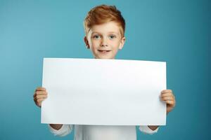 AI generated Little boy holding a blank white sheet of paper photo