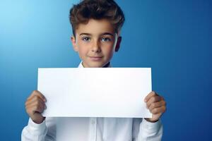 ai generado pequeño chico participación un blanco blanco sábana de papel foto