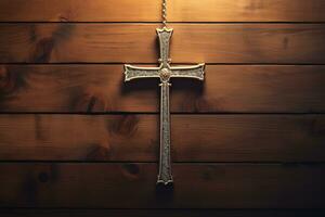 AI generated Wooden christian cross on a wooden background.Christian religion concept. photo