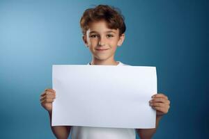 ai generado pequeño chico participación un blanco blanco sábana de papel foto