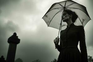 AI generated Beautiful young woman with umbrella in the cemetery photo