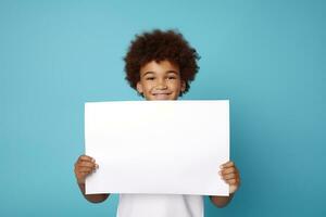 AI generated Little boy holding a blank white sheet of paper photo