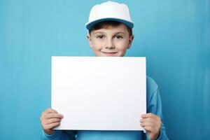 ai generado pequeño chico participación un blanco blanco sábana de papel foto