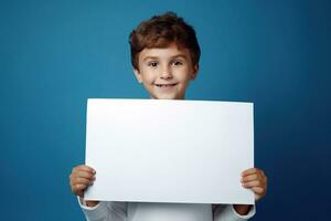 ai generado pequeño chico participación un blanco blanco sábana de papel foto