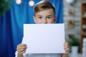 AI generated Little boy holding a blank white sheet of paper photo