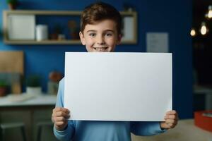 AI generated Little boy holding a blank white sheet of paper photo