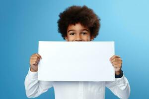 AI generated Little boy holding a blank white sheet of paper photo