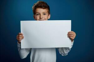 ai generado pequeño chico participación un blanco blanco sábana de papel foto