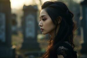 ai generado hermosa joven mujer en el antiguo cementerio. foto