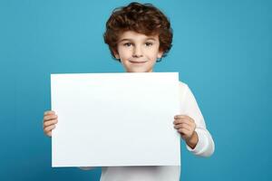 AI generated Little boy holding a blank white sheet of paper photo