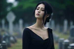 AI generated Beautiful young woman in the old cemetery. photo