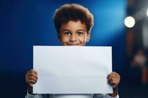 AI generated Little boy holding a blank white sheet of paper photo