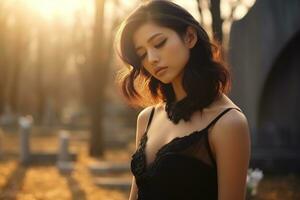 ai generado hermosa joven mujer en el antiguo cementerio. foto