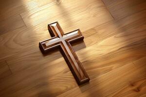 AI generated Wooden christian cross on a wooden background.Christian religion concept. photo