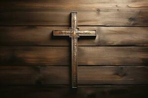 AI generated Wooden christian cross on a wooden background.Christian religion concept. photo