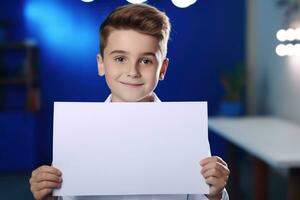 AI generated Little boy holding a blank white sheet of paper photo