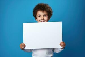 AI generated Little boy holding a blank white sheet of paper photo