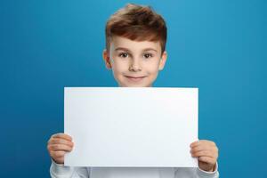 AI generated Little boy holding a blank white sheet of paper photo