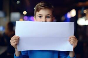 AI generated Little boy holding a blank white sheet of paper photo