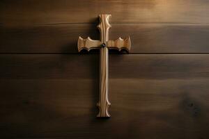 AI generated Wooden christian cross on a wooden background.Christian religion concept. photo