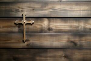 AI generated Wooden christian cross on a wooden background.Christian religion concept. photo