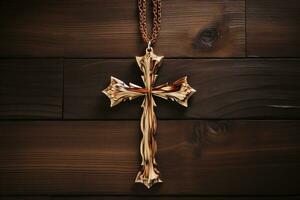 AI generated Wooden christian cross on a wooden background.Christian religion concept. photo
