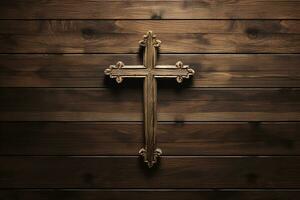 AI generated Wooden christian cross on a wooden background.Christian religion concept. photo