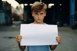 ai generado pequeño chico participación un blanco blanco sábana de papel foto