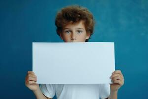 AI generated Little boy holding a blank white sheet of paper photo