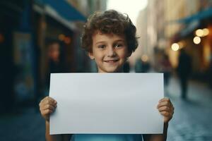 AI generated Little boy holding a blank white sheet of paper photo