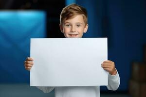 ai generado pequeño chico participación un blanco blanco sábana de papel foto