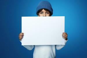 AI generated Little boy holding a blank white sheet of paper photo